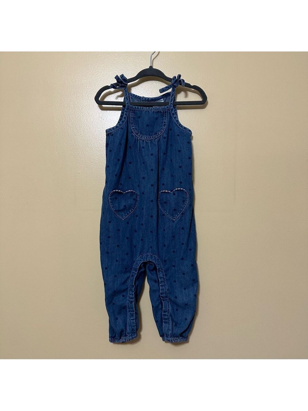 Hanna Andersson Chambray Polka Dot Heart Shaped Pocket Overalls Girls 18-24m